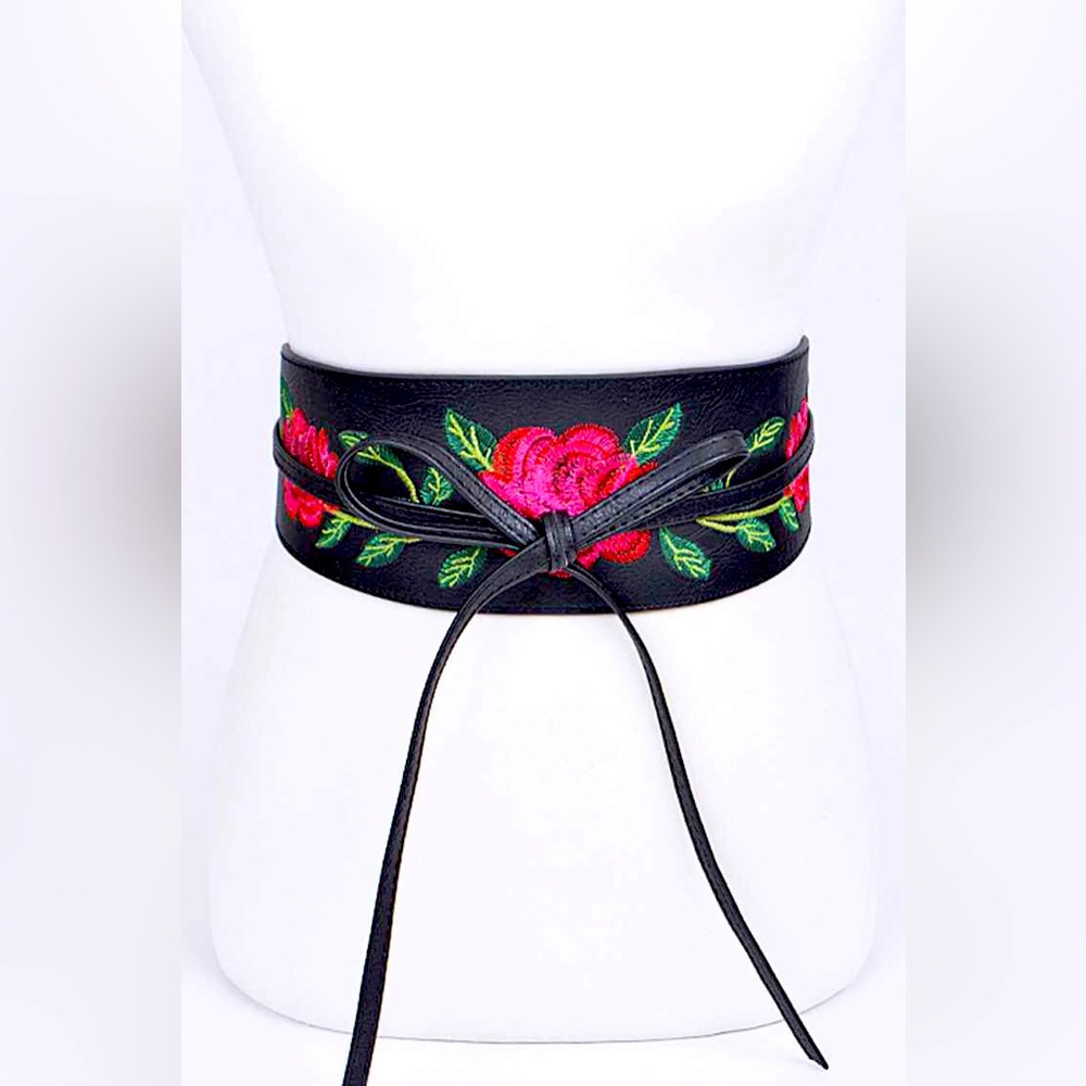 Rose Embroidered Vegan Leather Wrap Statement Belt